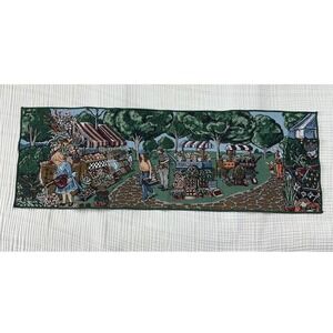 VTG Woven Tapestry table runner village scene outdoor farmers market 12" x 35"